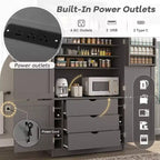 Tall Kitchen Pantry Cabinet with Power Outlets, Large Freestanding Cupboard with Microwave Stand, Drawers, Shelves, Wine Racks & Door-Shelf