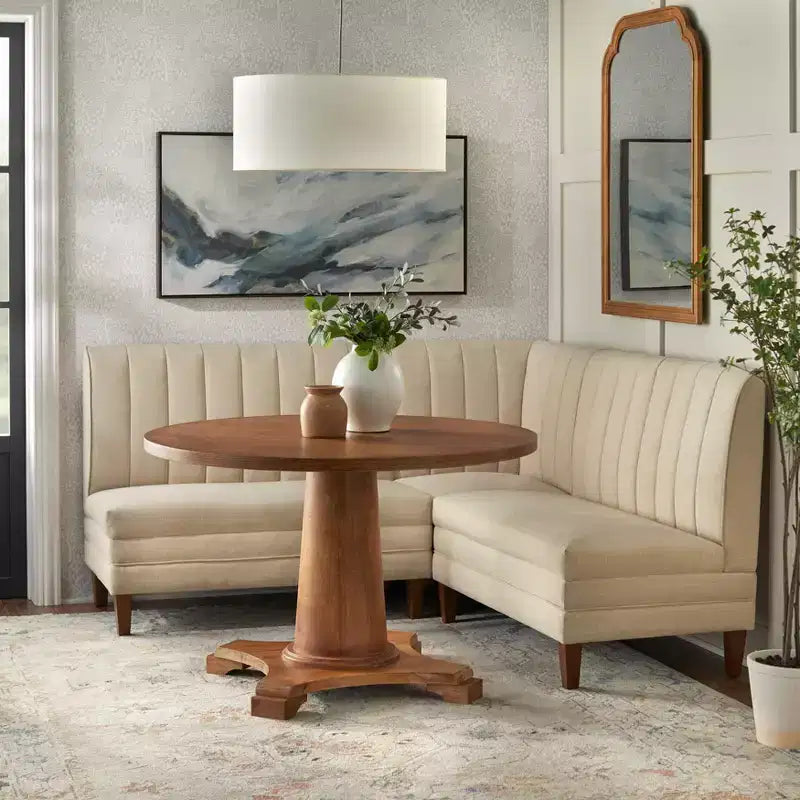 Lifestorey Set da Pranzo Banquette Kerrington con Schienale Canale, 4 Pezzi, Noce/Crema: Tessuto Effetto Lino, Tavolo con Piedistallo