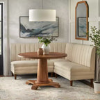 Lifestorey Set da Pranzo Banquette Kerrington con Schienale Canale, 4 Pezzi, Noce/Crema: Tessuto Effetto Lino, Tavolo con Piedistallo