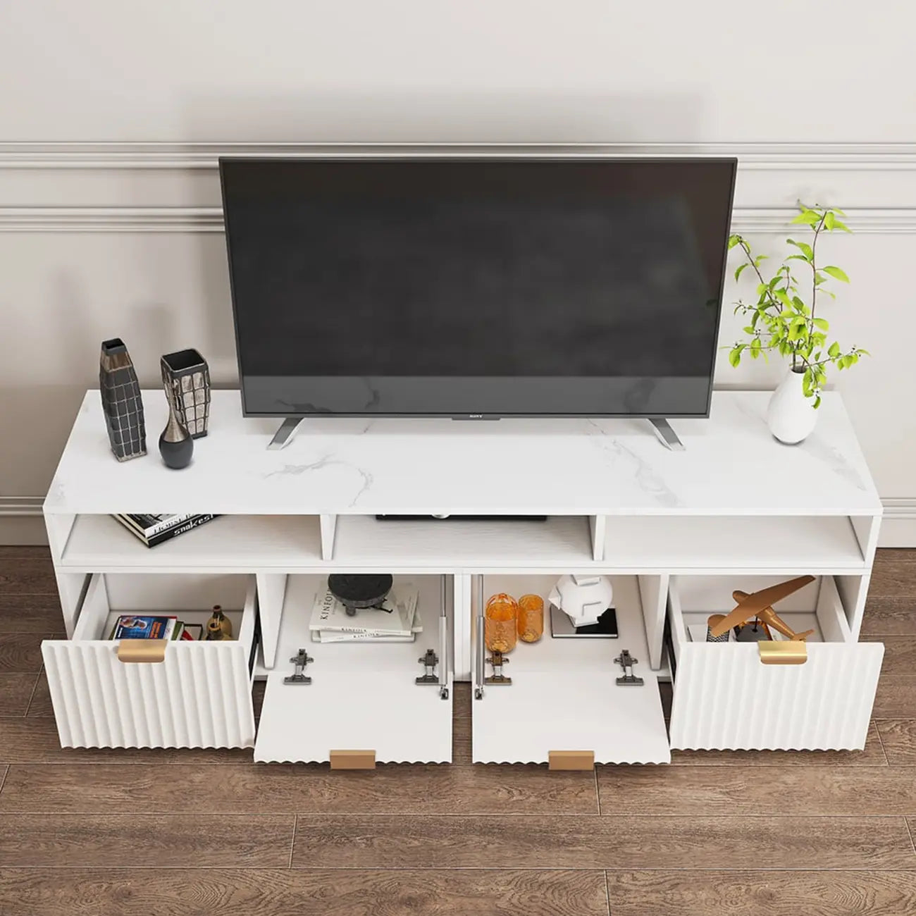 Modern White 2-Drawer Open Storage Corner TV Stand