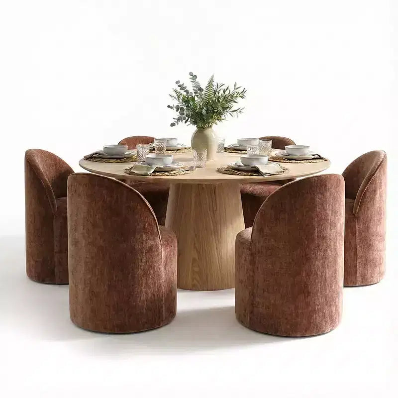 Modern Dining Table Set For 6, Round Pedestal Dining Table, Swivel Rolling Barrel Chairs With Wheels, Textured Chenille- Panipeachy