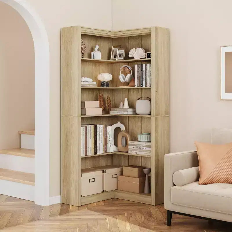 Black/White/Wood/Retro, L-Shaped Corner Bookshelf, 5-Tier, Single