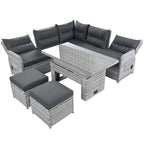 Outdoor Rattan Furniture Set with Adjustable Table, Recliners and 2 Ottomans