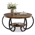 30 Inch Round Industrial Coffee Table 2-Tier with Adjustable Feet Wood Grain Shelf Flame Design Easy Assembly Living Room