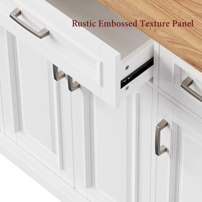 Large Kitchen Island with Wood Drop Leaf, Embossed Texture Rolling Kitchen Cart wDoors and Drawers wStorage for Kitchen, White
