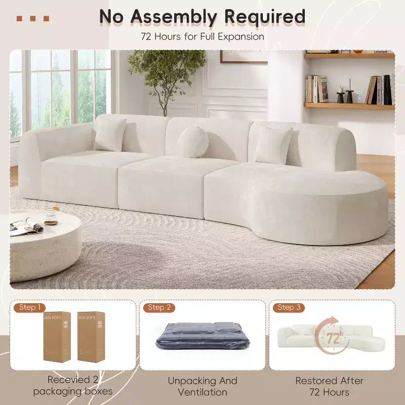 140-Inch Modern Curved Sectional Sofa with Chaise Lounge, 3-Piece Set, for Living Room