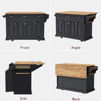 54  Large Kitchen Island with Rubber Wood Drop Leaf, Embossed Texture Rolling Kitchen Cart on 4 Wheels with 4 Doors & 3 Drawers