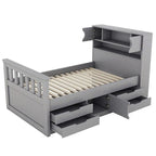 Lit plateforme capitaine double/grand avec 4 tiroirs et étagères de rangement, cadre de lit en bois massif avec tête de lit bibliothèque de rangement