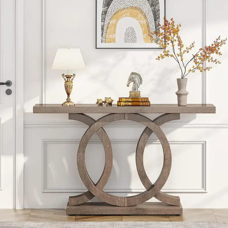 Vintage Console Table with Geometric Base Wooden Hallway Table