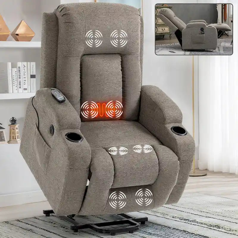 Power Lift Recliner Chair, Modern Single Motor Massage Sofa Chair with Lumbar Heating, USB Charging Port, Cup Holders