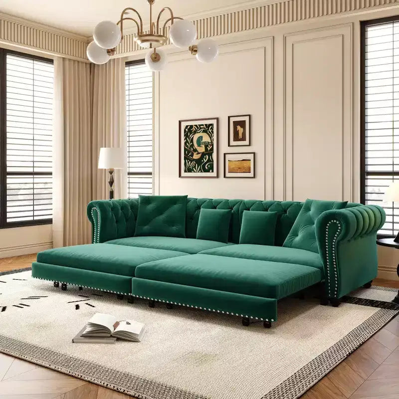 Whisen Velvet 3-in-1 King Size Pull-Out Sofa Bed & Convertible Sleeper Sofa with Movable Ottoman, Tufted Design