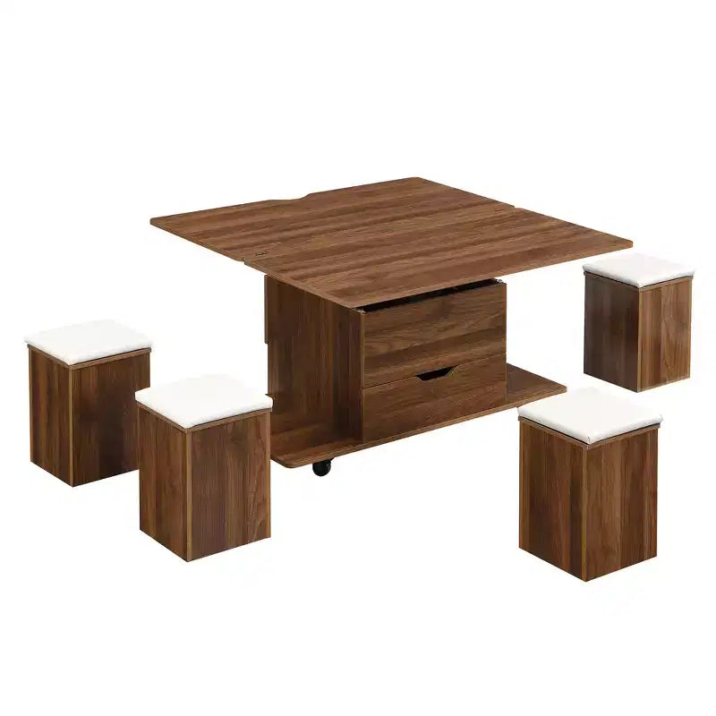 Multi-Function Modern Lift-Top Coffee Table with Hidden Storage, 4 Stools and Casters, Perfect for Modern Living Spaces