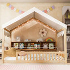 Whisen Full Size Wooden Floor Bed Frame, House-Shaped Daybed with Fense, 3 Storage Bookshelves, Curtain