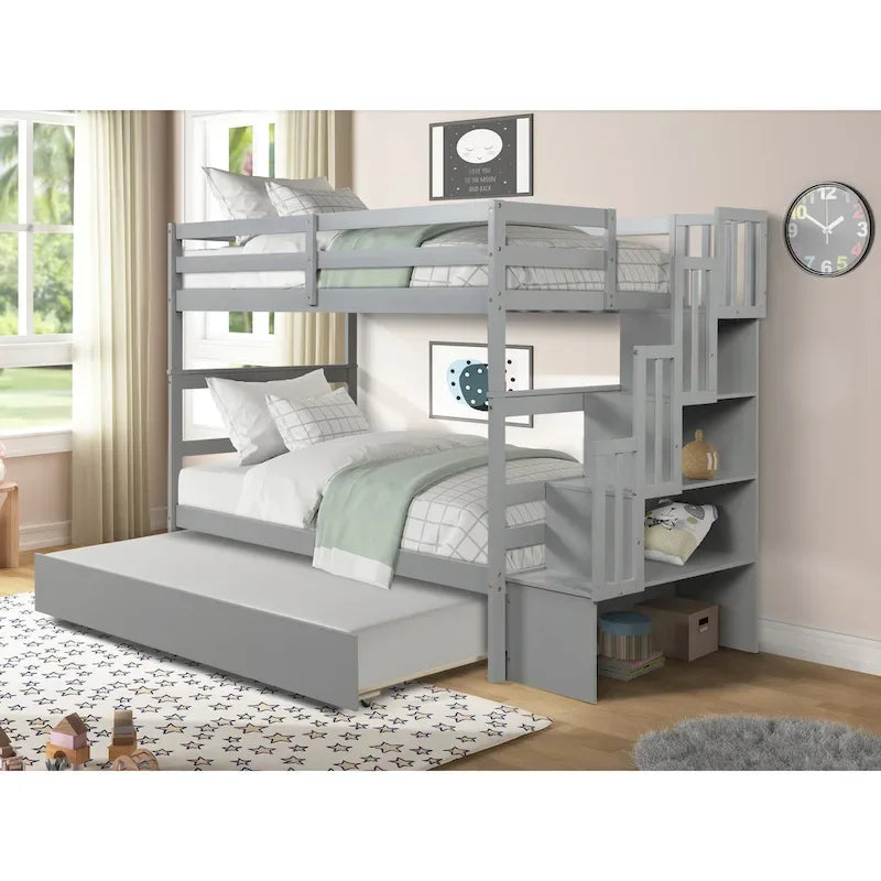 Twin over Twin Bunk Beds With Twin Trundle and Stairway Storage Function in Grey Color