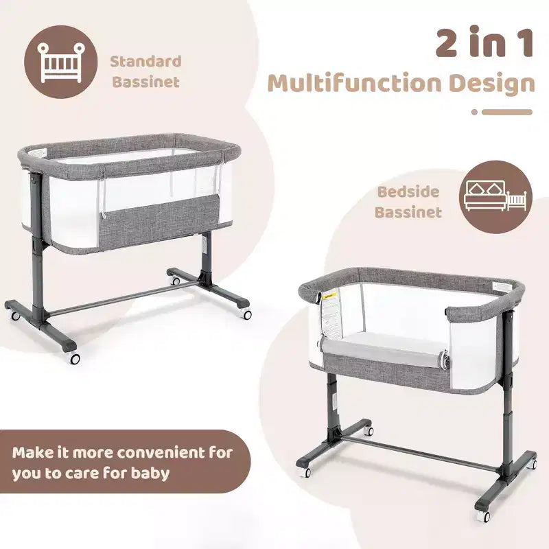 Baby Bassinet with Wheels – Beige / Gray / Pink, Bedside Sleeper, for 1 Baby