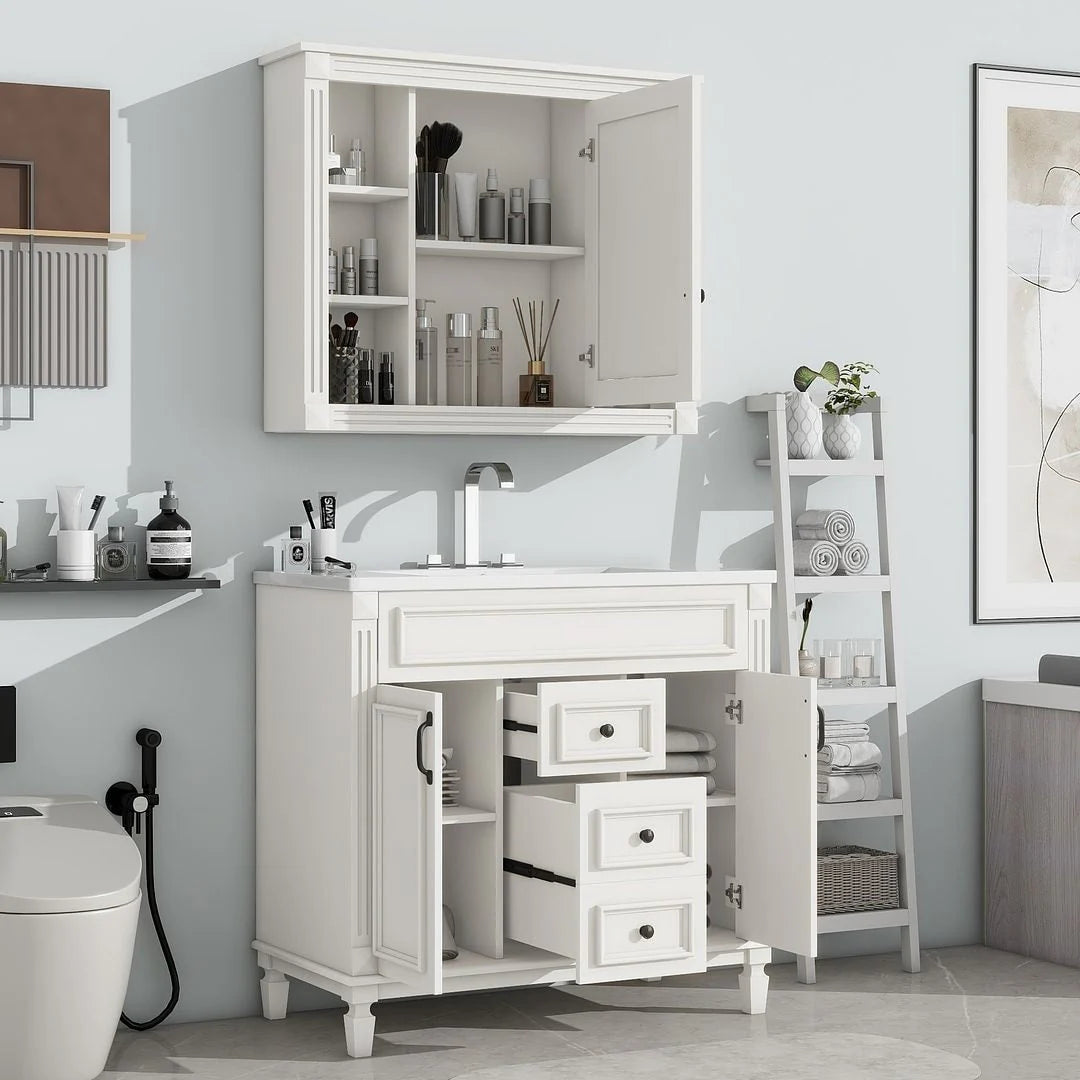 36'' Modern Bathroom Vanity with Top Sink and Mirror Cabinet,2 Doors and 2 Drawers