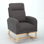 Fauteuil à bascule rembourré moderne de 75 cm de hauteur avec dossier haut, pieds en bois massif et repose-pieds réglable