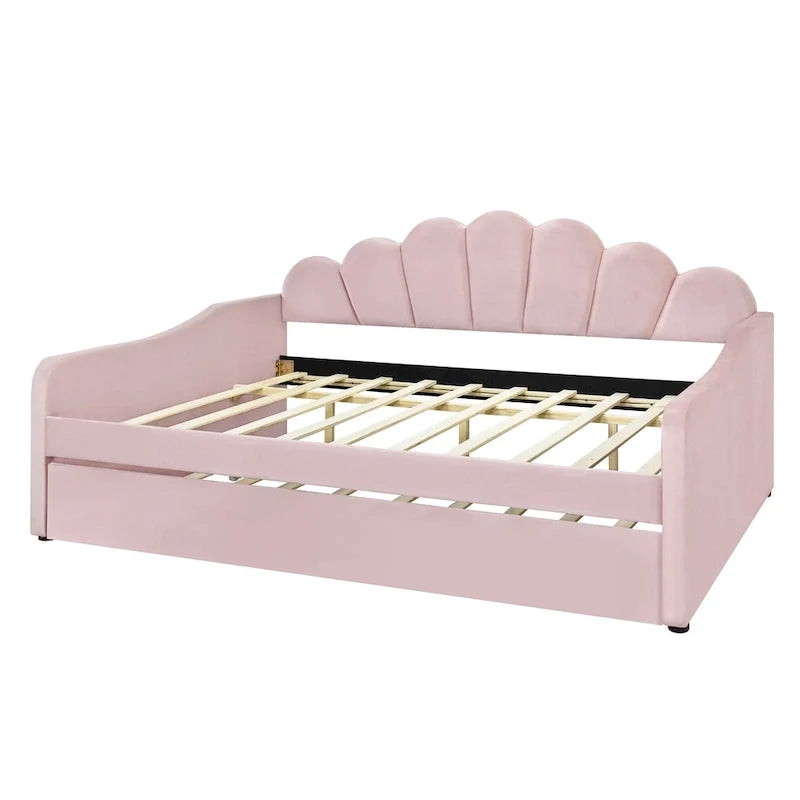Full Size Upholstered Daybed with Shell Backrest and Trundle