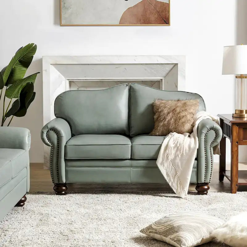Transitional Genuine Leather Sofa With Tufted Back