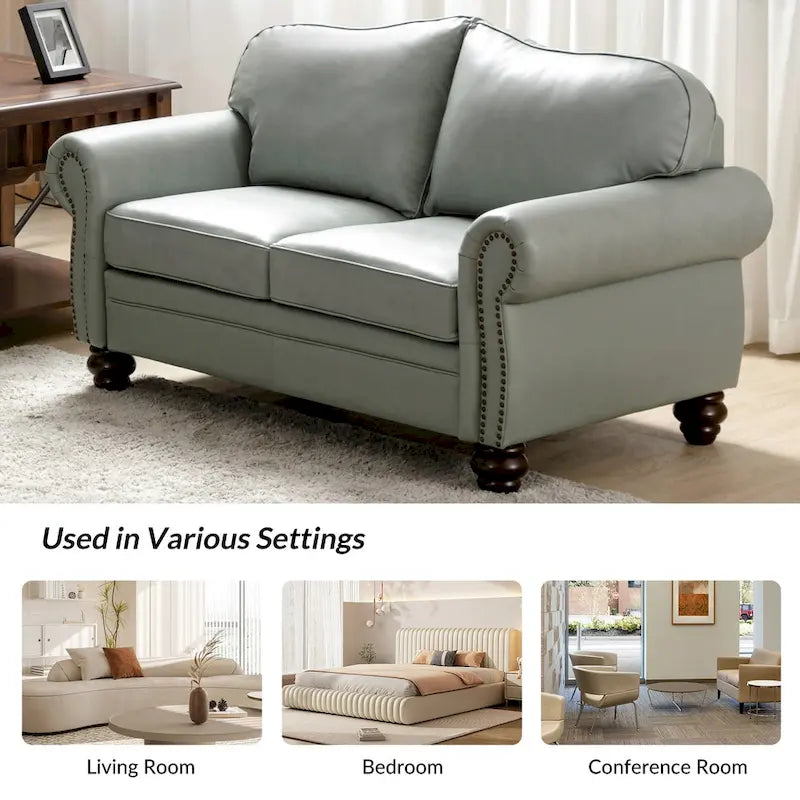 Transitional Genuine Leather Sofa With Tufted Back