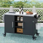 Outdoor Kitchen Island with Sink, Outdoor Bar Cart Sink Station with 4 Lockable Wheels