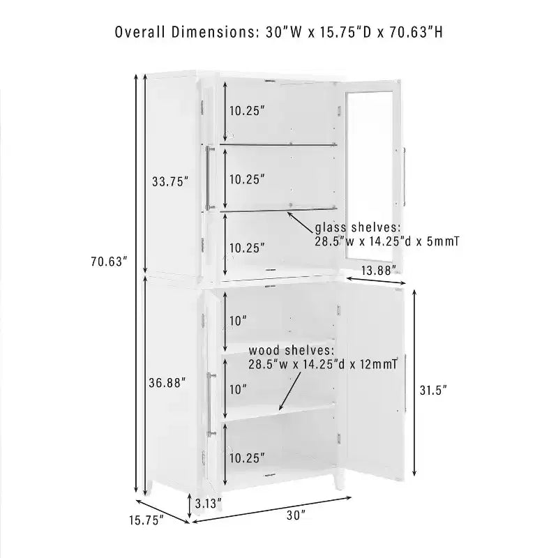 Dispensa/Mobile da cucina a 2 ante con vetrinetta Roarke da 70", bianco