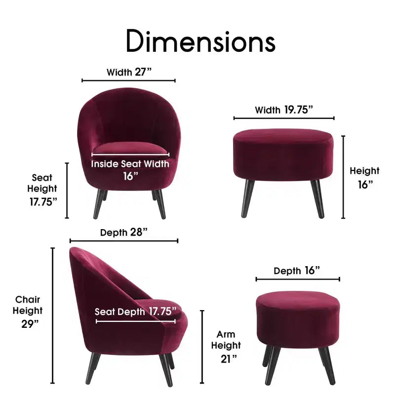 Nico Mid Century Modern Accent Chair and Ottoman Set French Merlot Red Velvet - Adore Decor: Upholstered, Polyester, Wood Frame