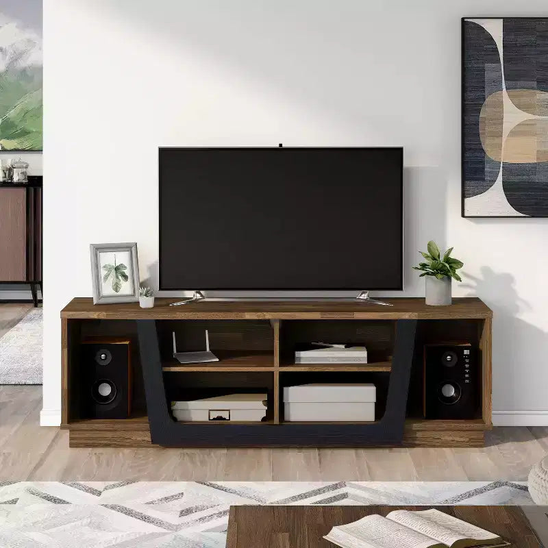 Mobile TV transizionale Rockyford per TV fino a 70" color Hickory chiaro: Consolle moderna con gestione cavi, ripiani fissi