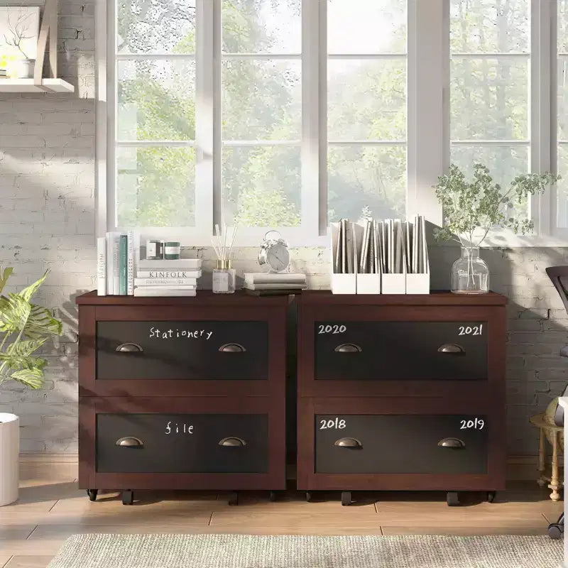 24/7 Shop At Home Garon Rustic 2 Drawer Filing Cabinet Walnut: Industrial Brass Handles, Chalkboard Inserts