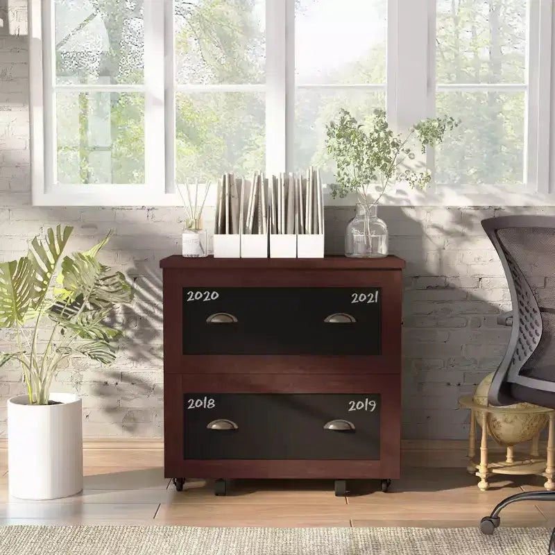 24/7 Shop At Home Garon Rustic 2 Drawer Filing Cabinet Walnut: Industrial Brass Handles, Chalkboard Inserts