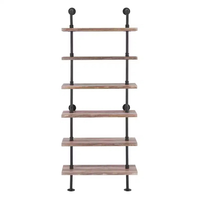 Modern Industrial 6-Tier Iron Pipe wall Mount Ladder Shelf Distressed Wood - Danya B.: Floating, Open Design, Laminated Surface