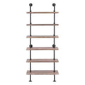 Modern Industrial 6-Tier Iron Pipe wall Mount Ladder Shelf Distressed Wood - Danya B.: Floating, Open Design, Laminated Surface