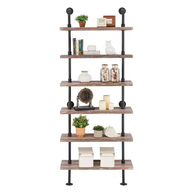 Modern Industrial 6-Tier Iron Pipe wall Mount Ladder Shelf Distressed Wood - Danya B.: Floating, Open Design, Laminated Surface
