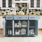 54  Large Kitchen Island with Rubber Wood Drop Leaf, Embossed Texture Rolling Kitchen Cart on 4 Wheels with 4 Doors & 3 Drawers