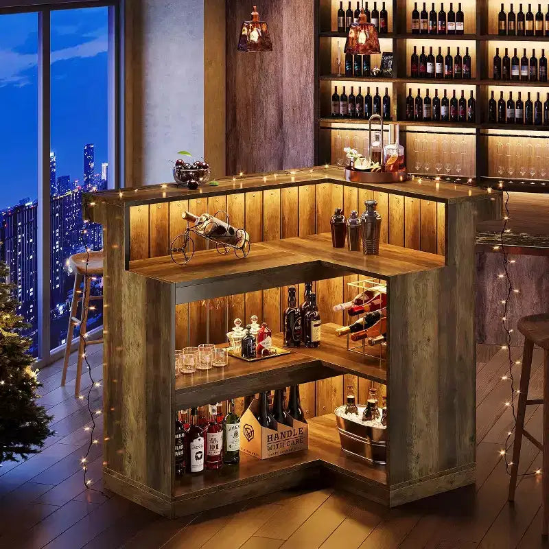 Lantine L-Shaped Home Bar Unit, 4-Tier Corner Liquor Bar Table with Storage Shelves and Wine Glasses Holder for Home Pub