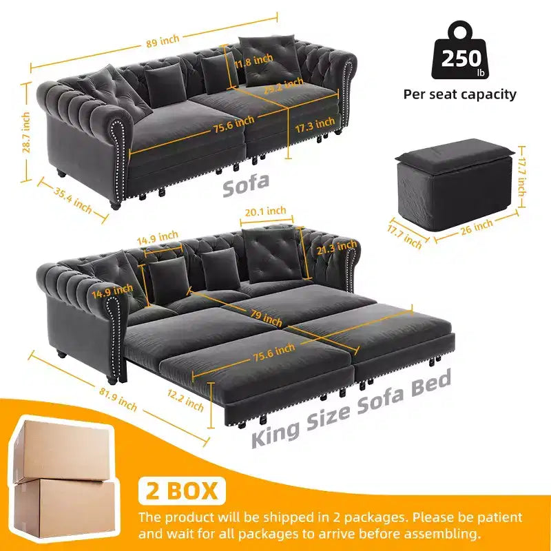 Whisen Velvet 3-in-1 King Size Pull-Out Sofa Bed & Convertible Sleeper Sofa with Movable Ottoman, Tufted Design