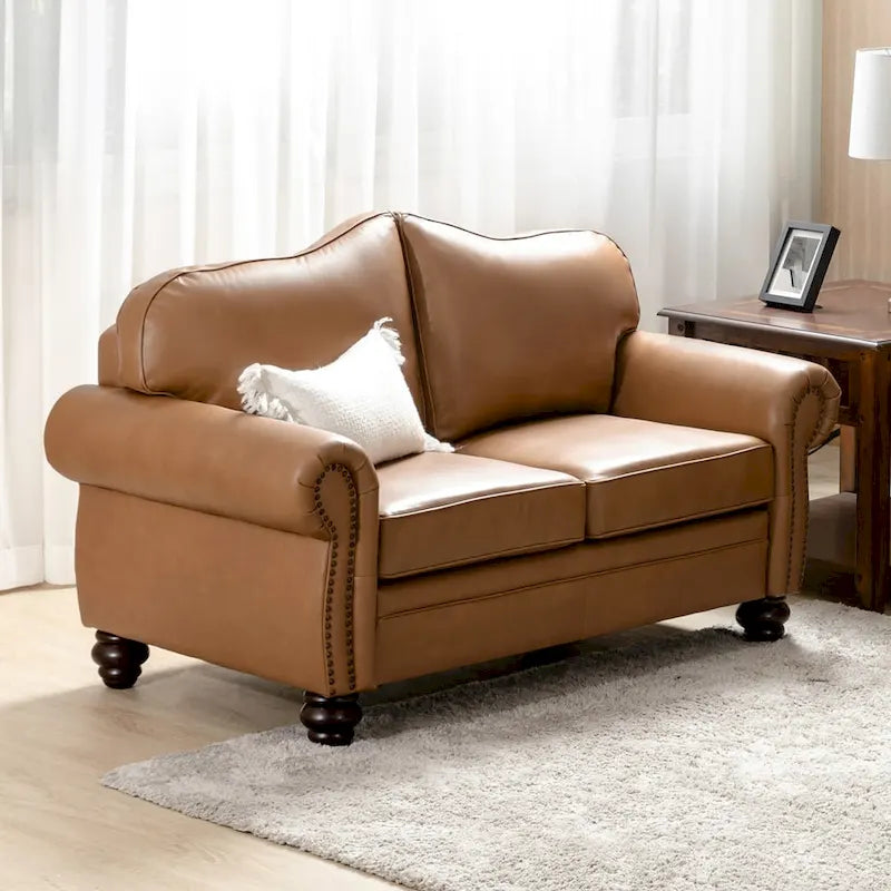 Transitional Genuine Leather Sofa With Tufted Back