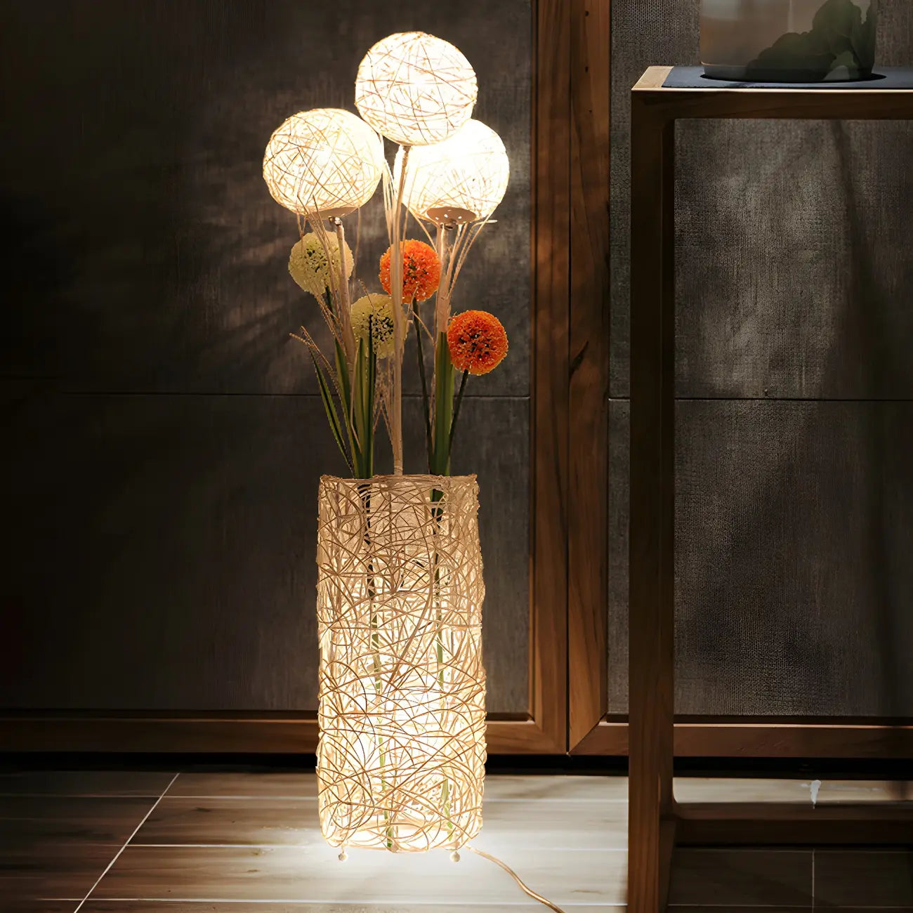 Plug In Column LED Rattan Floor Lamp for Living Room