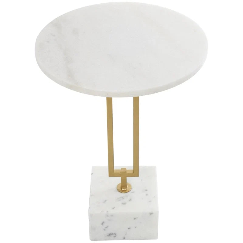 Marble Geometric Side End Accent Table with Gold Metal Rectangular Stand - White