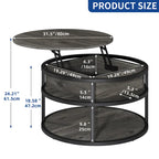 Table basse ronde relevable Moasis Farmhouse avec rangement dissimulé et étagère