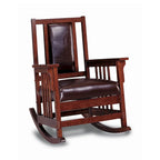Fauteuil à bascule de style Mission, assise et dossier en cuir, tabac et marron foncé