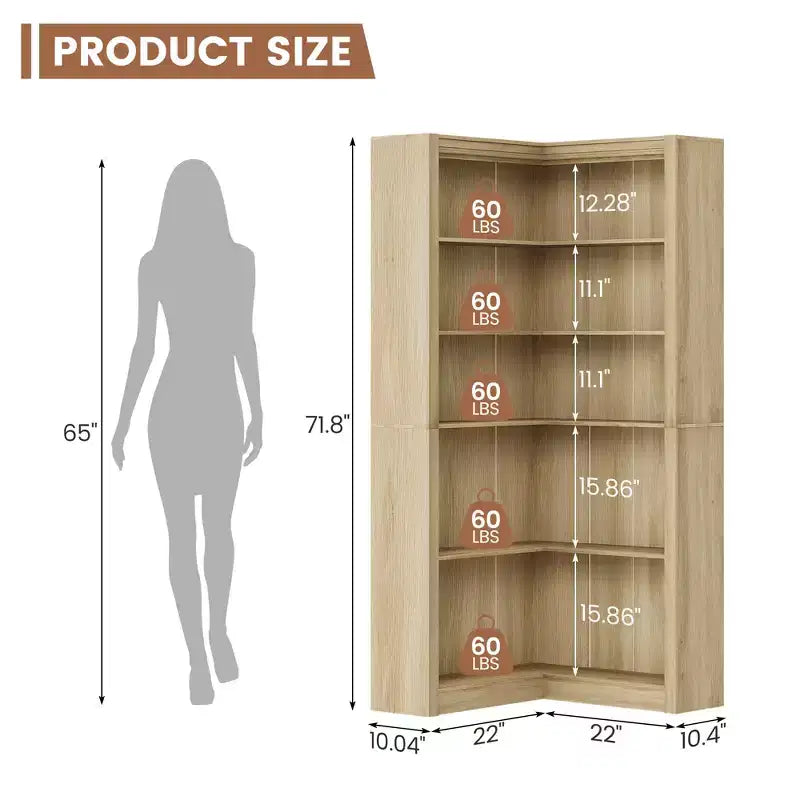 Black/White/Wood/Retro, L-Shaped Corner Bookshelf, 5-Tier, Single