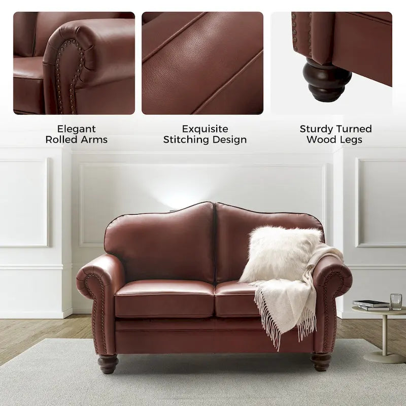 Transitional Genuine Leather Sofa With Tufted Back