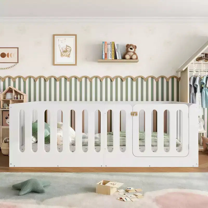 White Twin Montessori Floor Bed with Fence Rails & Door – Solid Wood, 1 Child