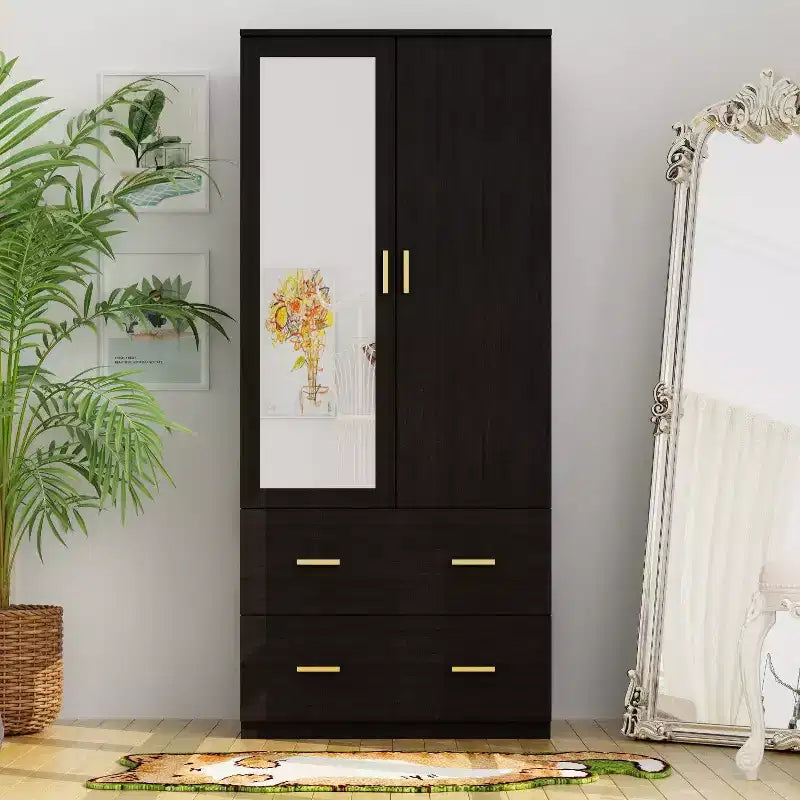 Hitow Armoire Double Drawer Mirrored Door Closet Zoned Storage