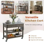 Rolling Kitchen Cart with Marble Top Solid Wood Kitchen Island Cart with 2 Drawers 3-Tier Kitchen Trolley with Lockable Detachable Wheels & Towel Rack