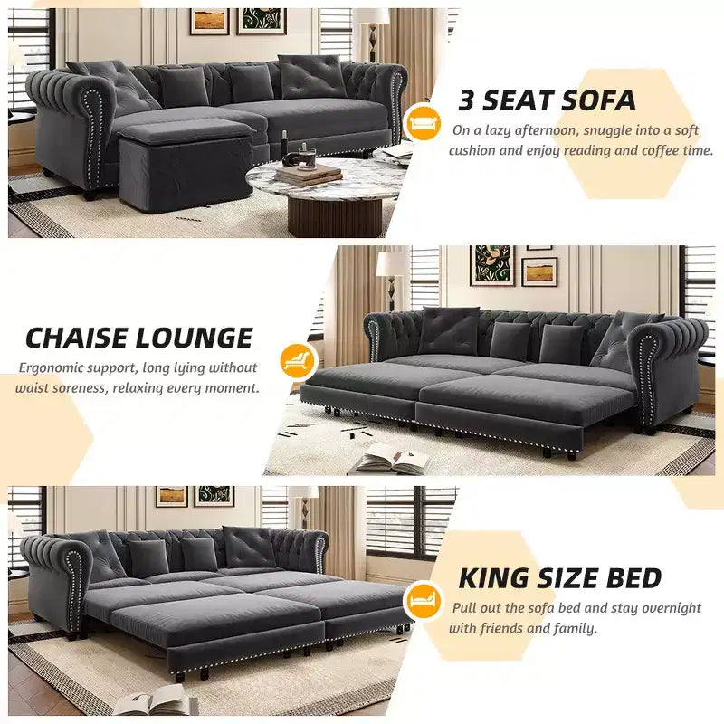 Whisen Velvet 3-in-1 King Size Pull-Out Sofa Bed & Convertible Sleeper Sofa with Movable Ottoman, Tufted Design