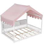 Whisen Full Size Wooden Floor Bed Frame, House-Shaped Daybed with Fense, 3 Storage Bookshelves, Curtain