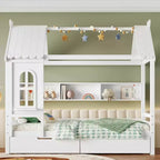 House Platform Bed with Storage Drawers and Window, Solid Wood Frame with Shelves, Childlike Fun Design, Light White