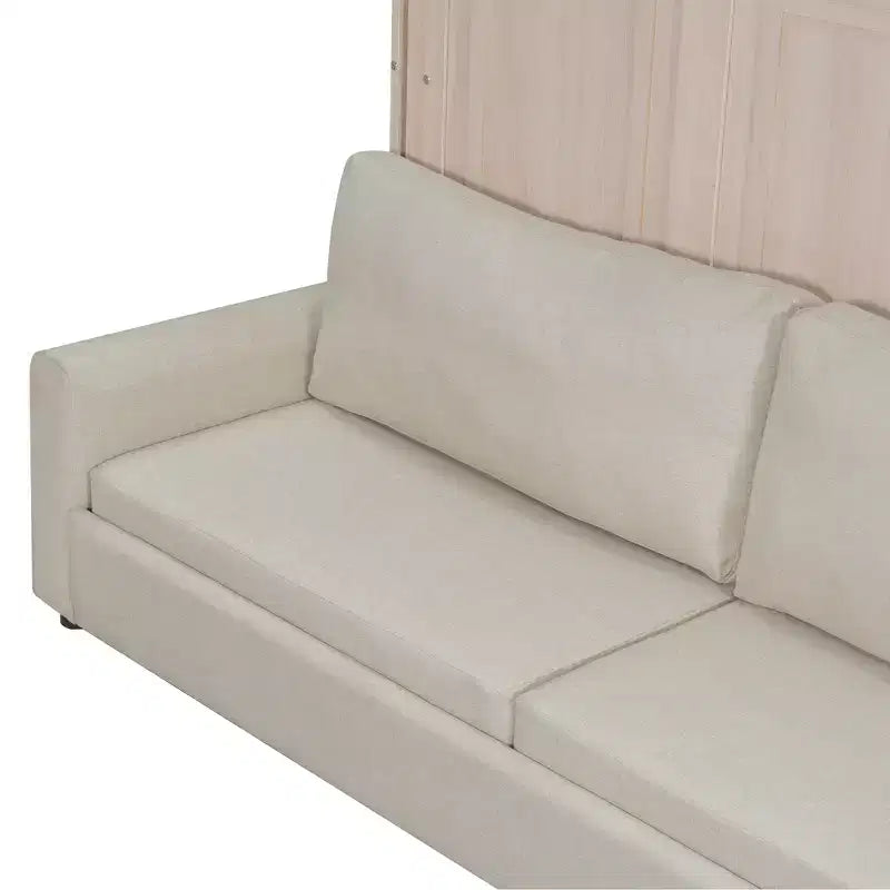 Queen Size Murphy Bed with Sofa, Wooden Queen Cabinet Bed Wall Bed with LED Light, Folding Wall Chest Bed with for Guest Room, Beige